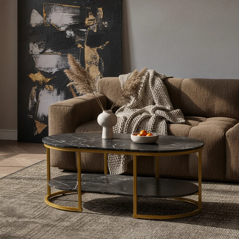 Couchtisch mit Marmor Optik, rechteckig, Ablage, goldenes Metallgestell