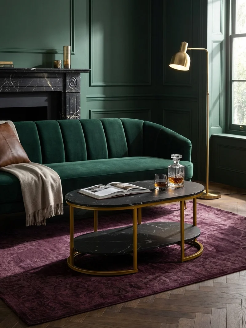 Couchtisch mit Marmor Optik, rechteckig, Ablage, goldenes Metallgestell