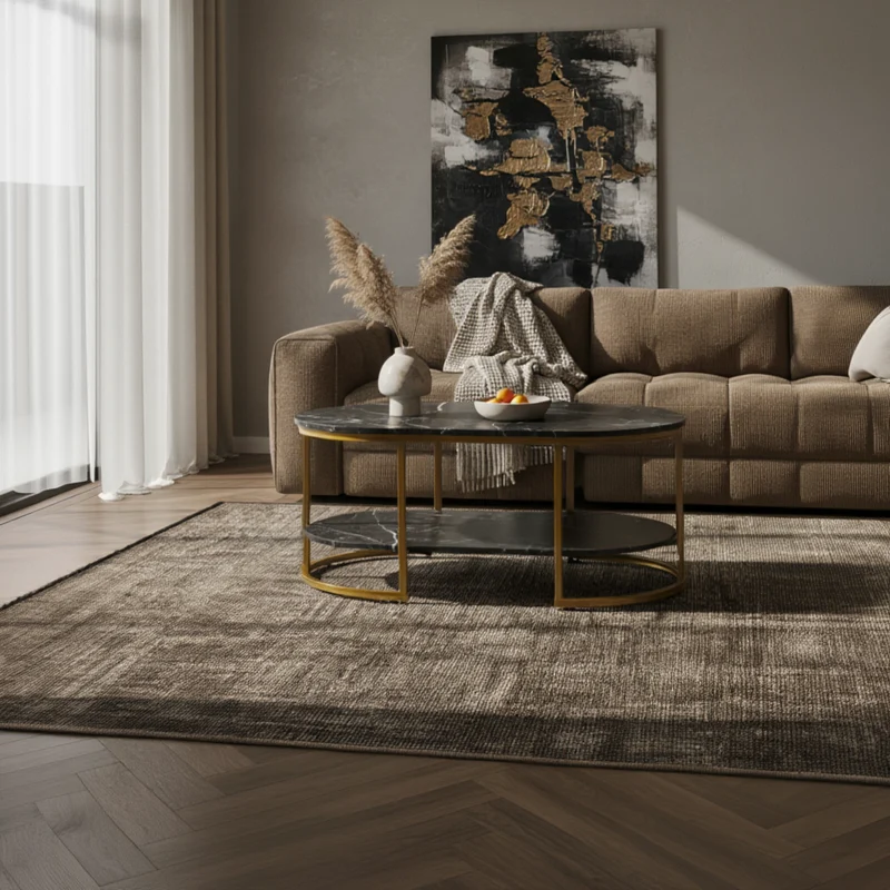 Couchtisch mit Marmor Optik, rechteckig, Ablage, goldenes Metallgestell