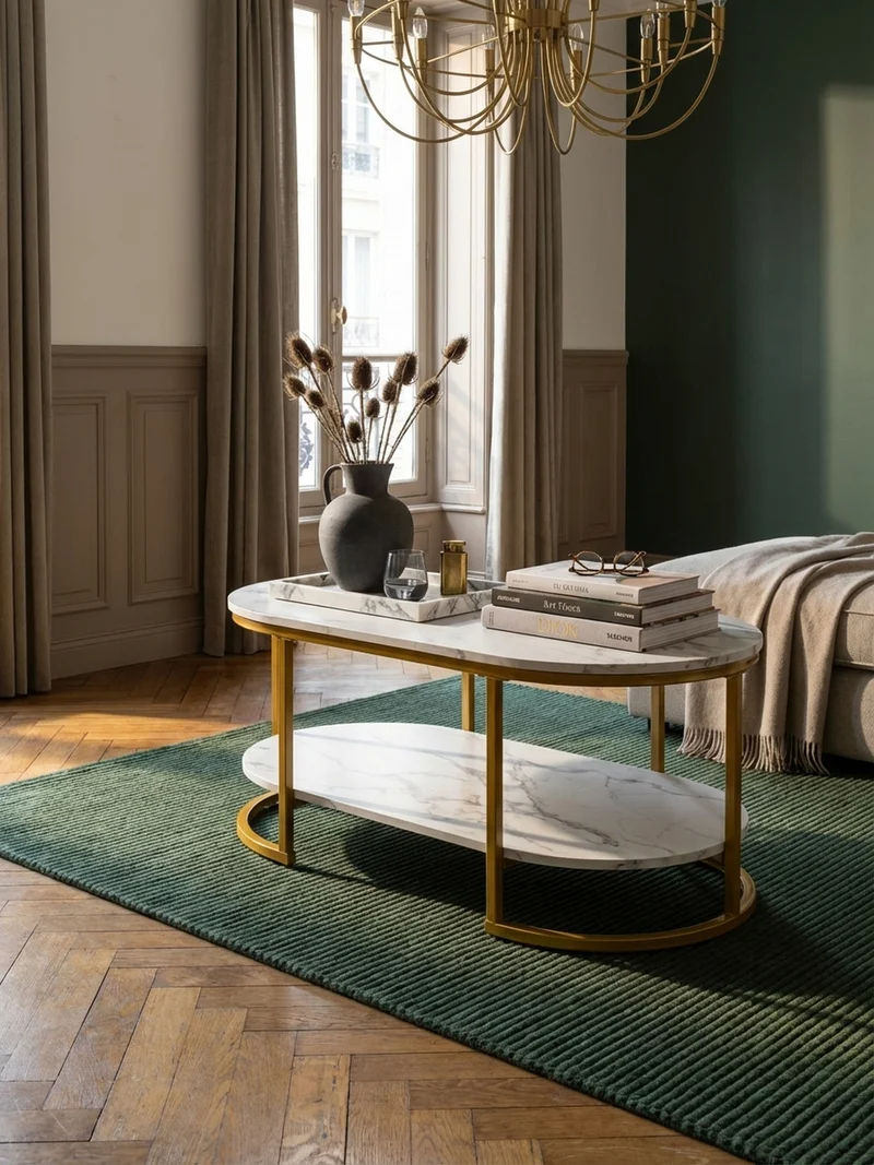 Couchtisch mit Marmor Optik, rechteckig, Ablage, goldenes Metallgestell