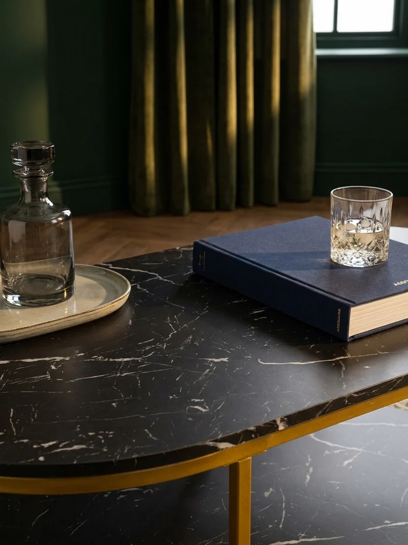 Couchtisch mit Marmor Optik, rechteckig, Ablage, goldenes Metallgestell