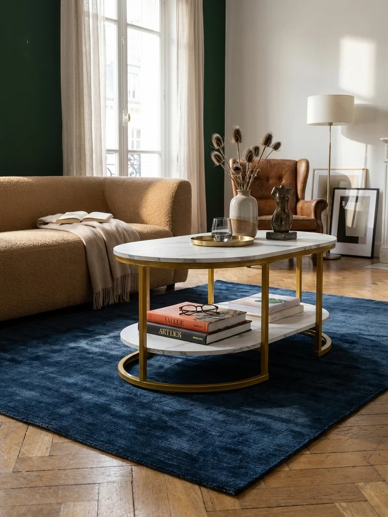 Couchtisch mit Marmor Optik, rechteckig, Ablage, goldenes Metallgestell