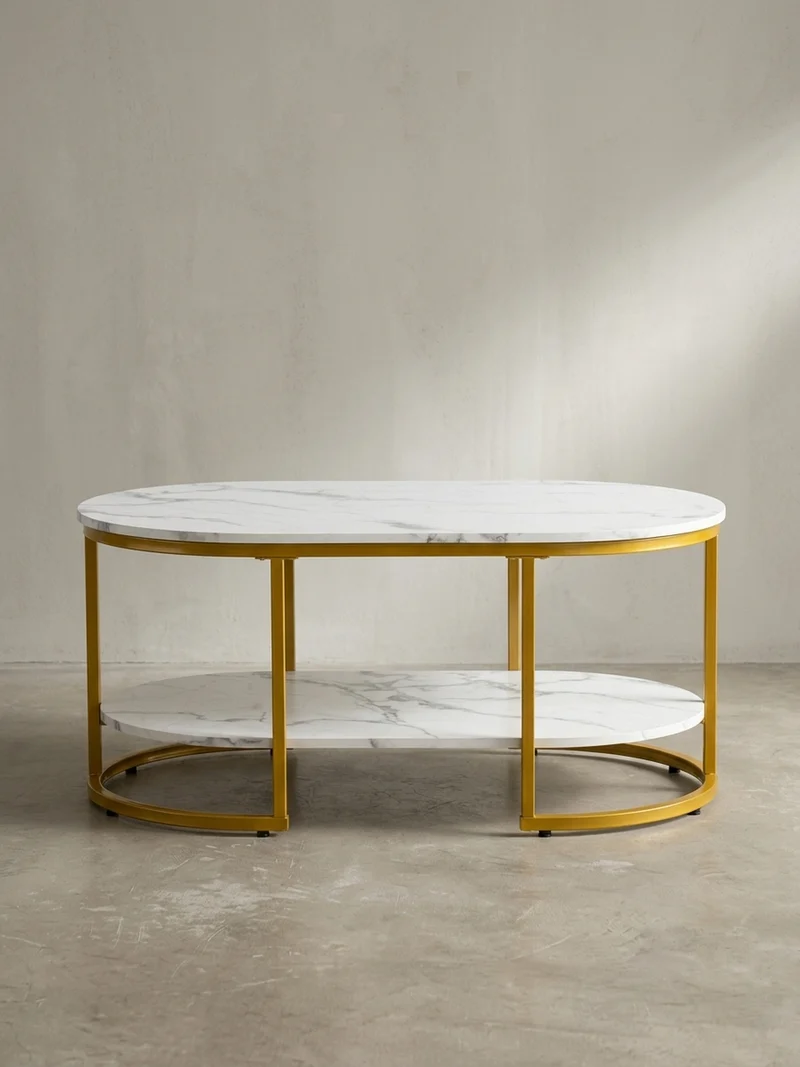 Couchtisch mit Marmor Optik, rechteckig, Ablage, goldenes Metallgestell