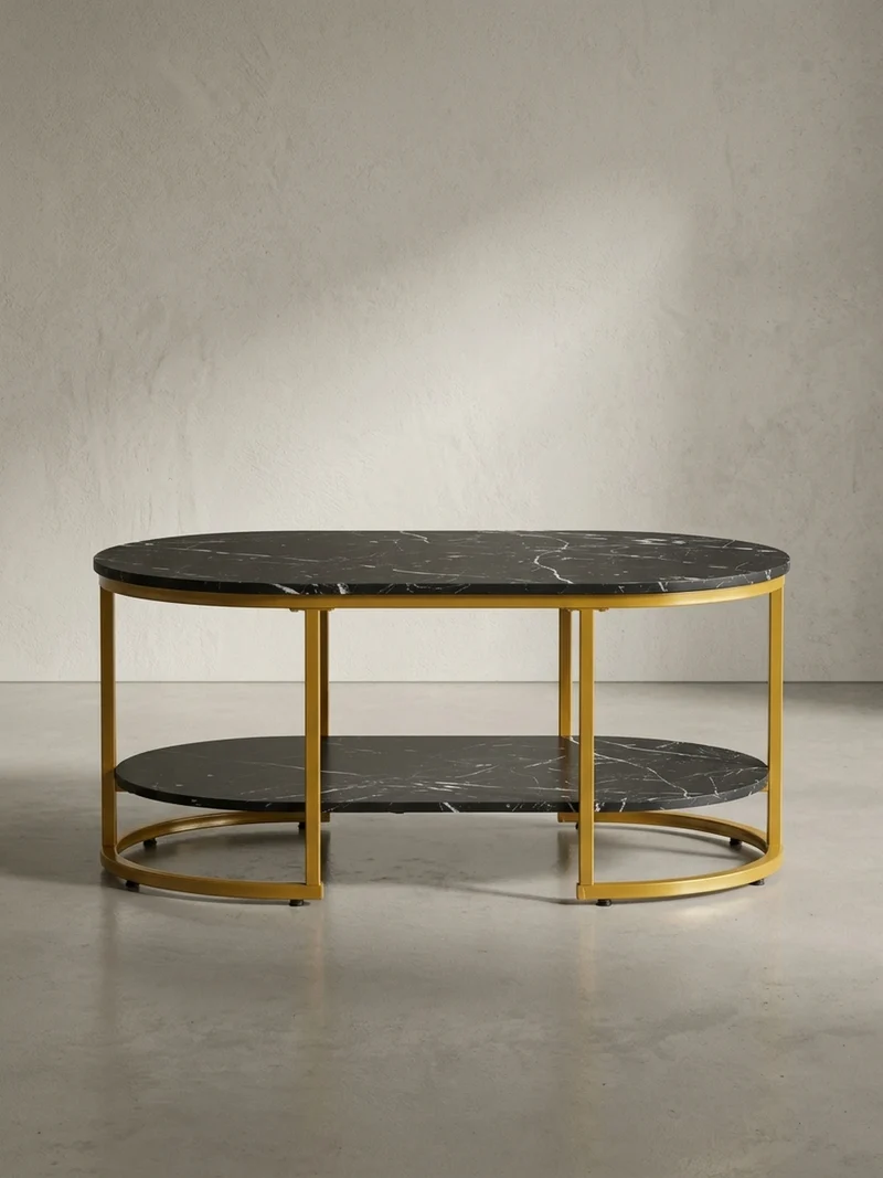 Couchtisch mit Marmor Optik, rechteckig, Ablage, goldenes Metallgestell
