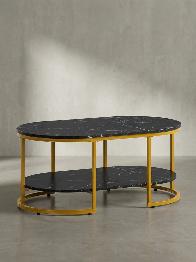 Couchtisch mit Marmor Optik, rechteckig, Ablage, goldenes Metallgestell