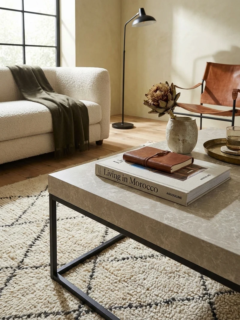 Couchtisch in Stein-Optik mit Metallbeinen, Modernes Design, Rechteckig, Groß
