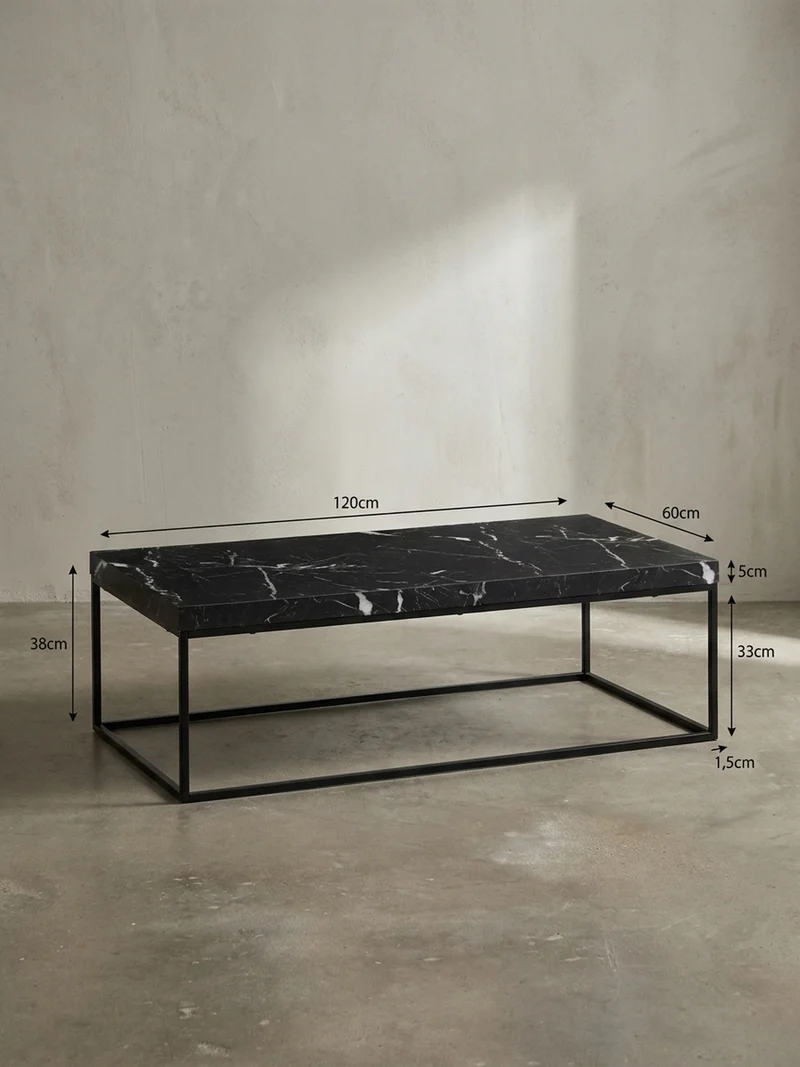 Couchtisch in Stein-Optik mit Metallbeinen, Modernes Design, Rechteckig, Groß