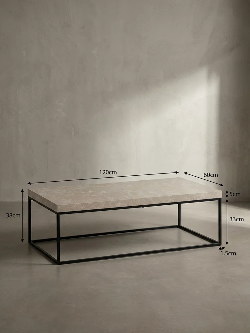 Couchtisch in Stein-Optik mit Metallbeinen, Modernes Design, Rechteckig, Groß
