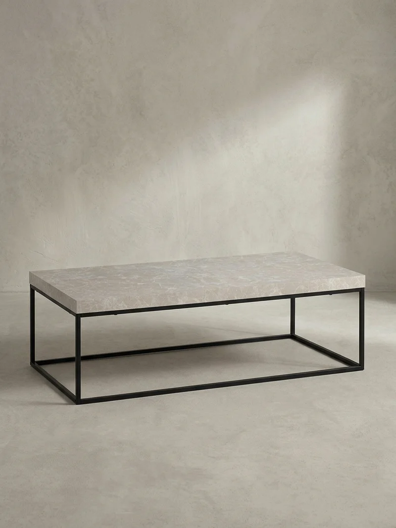 Couchtisch in Stein-Optik mit Metallbeinen, Modernes Design, Rechteckig, Groß