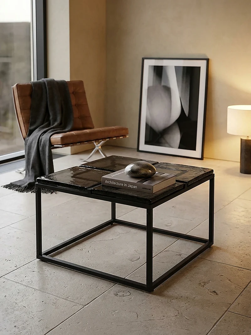 Couchtisch Quadratisch in Schwarz aus Glas und Metall, 58x58x43.5 cm