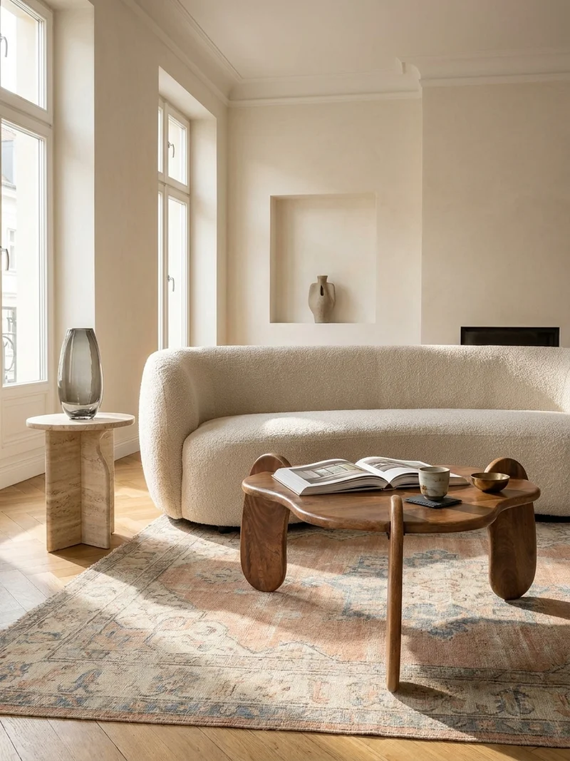 Couchtisch in Walnussfarbe aus Mangoholz Massiv, Niedriges Dreibein-Design, Organisch, 78x78x39.5cm
