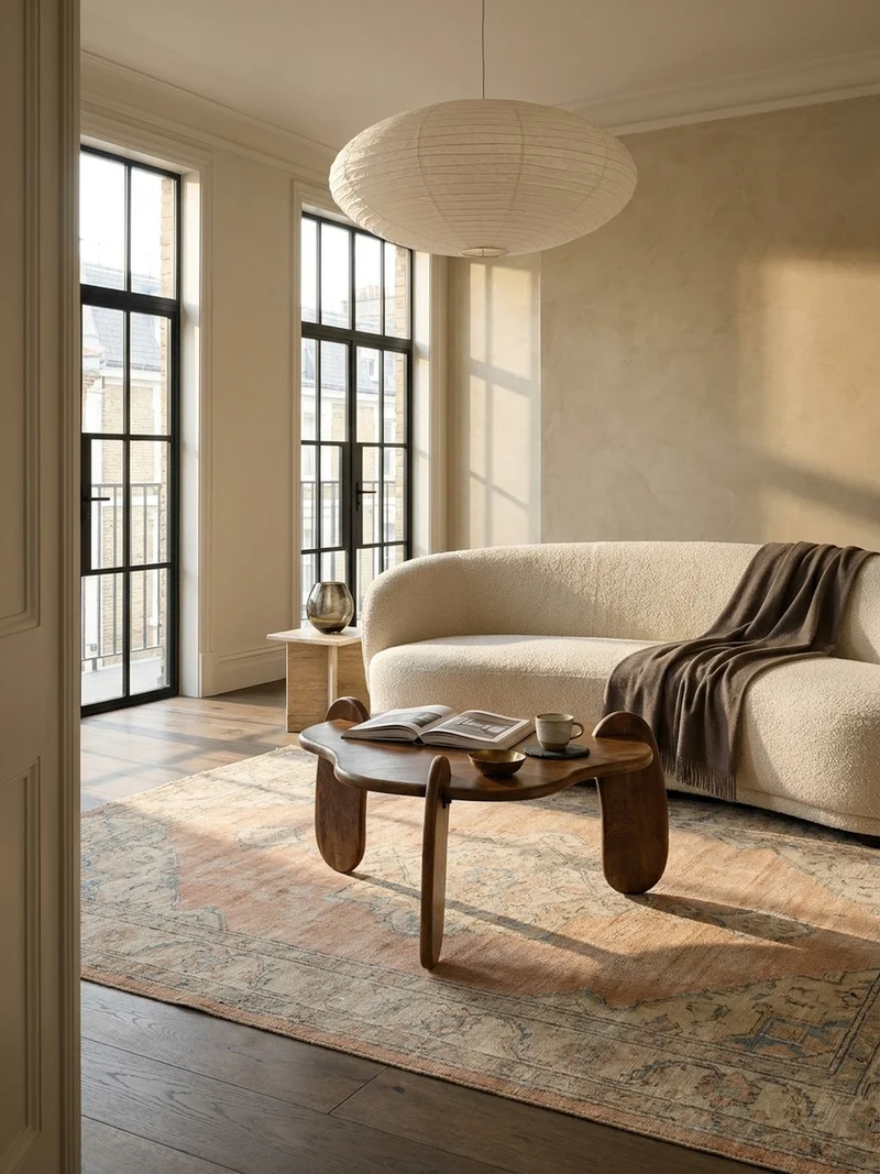 Couchtisch in Walnussfarbe aus Mangoholz Massiv, Niedriges Dreibein-Design, Organisch, 78x78x39.5cm