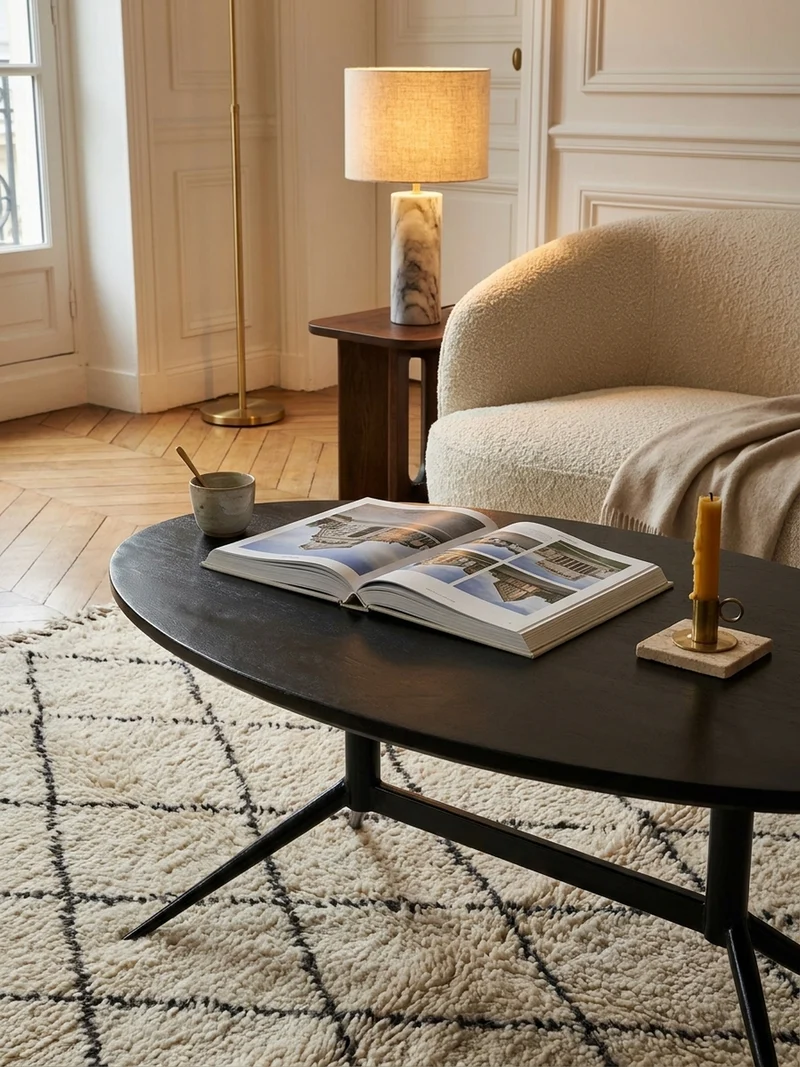 Couchtisch Oval in Schwarz aus Mango Massivholz und Metall, 90x50x35 cm mit natürlicher Holzmaserung