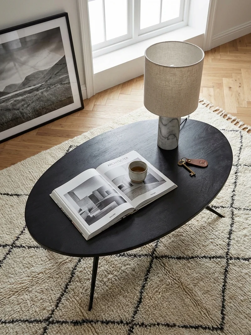Couchtisch Oval in Schwarz aus Mango Massivholz und Metall, 90x50x35 cm mit natürlicher Holzmaserung