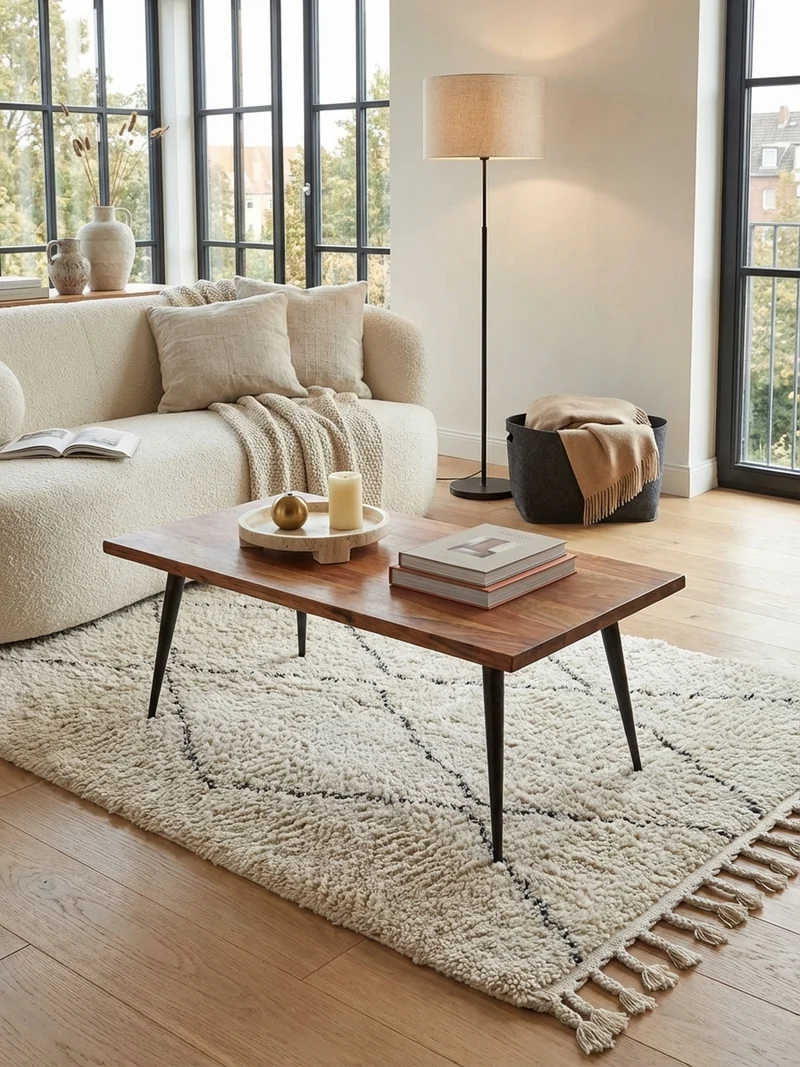 Couchtisch Sheesham Massivholz in Natur mit Baumkante und Metallgestell, 110x60x40 cm, Handgefertigt, Schutzlack-beschichtet