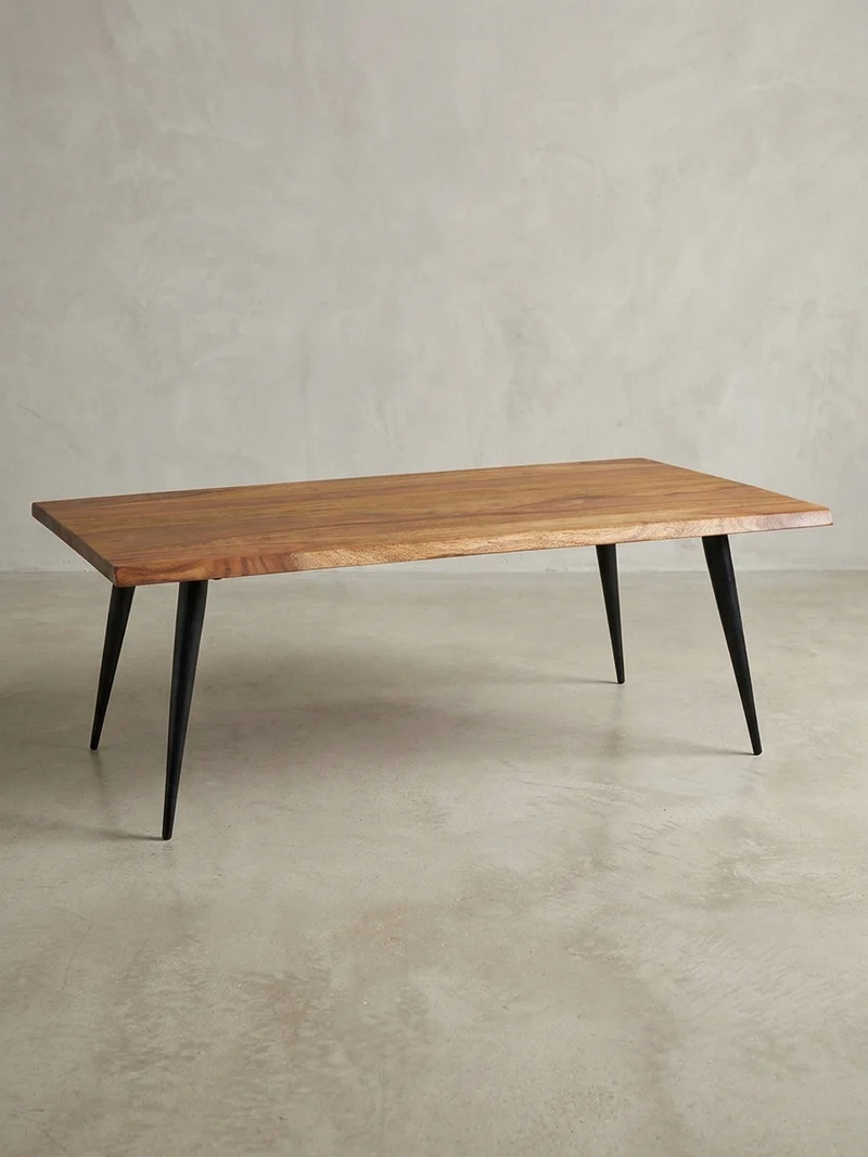 Couchtisch Sheesham Massivholz in Natur mit Baumkante und Metallgestell, 110x60x40 cm, Handgefertigt, Schutzlack-beschichtet