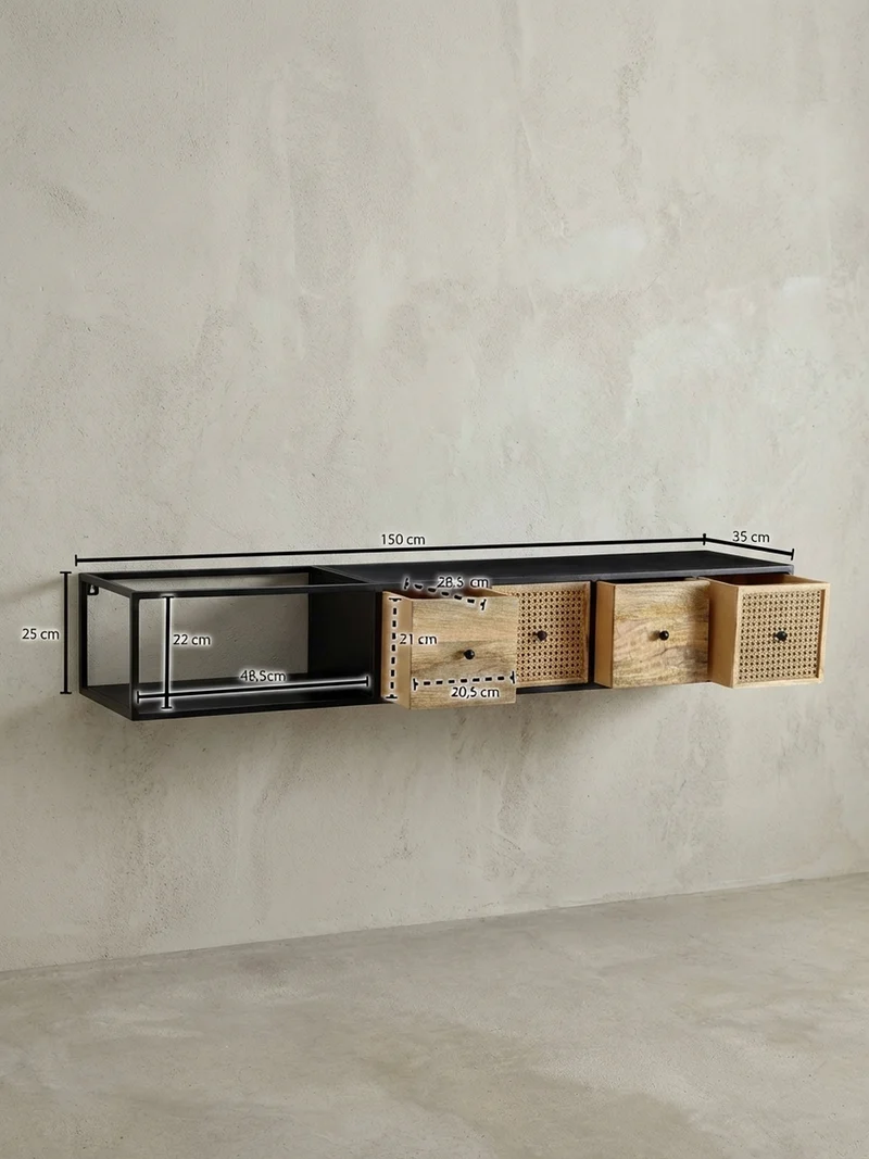 Lowboard Hängend Mango Massivholz Metall Modern Stil mit Schubladen und Rattan-Fronten