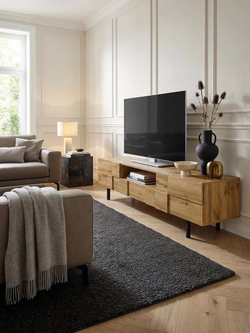 Lowboard Eiche-Dekor Modern Stil mit Kachelmuster für Konsolen und DVDs
