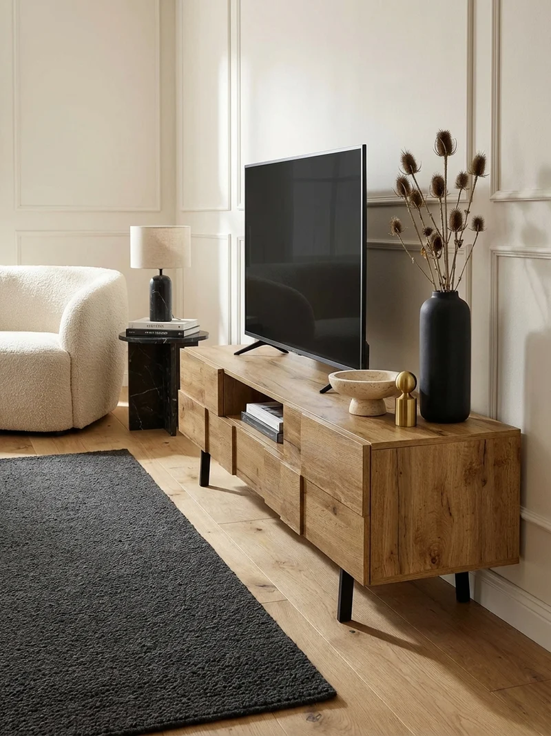 Lowboard Eiche-Dekor Modern Stil mit Kachelmuster für Konsolen und DVDs