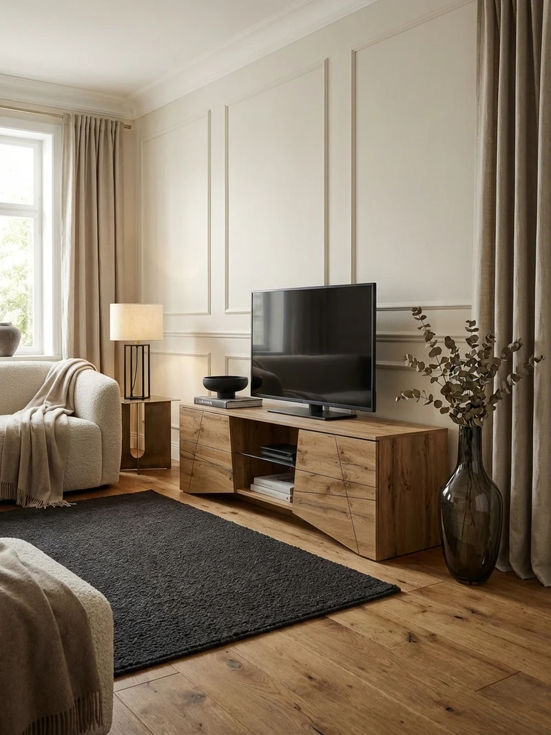 Lowboard Eiche-Dekor Modern Stil für 70-Zoll Fernseher mit Glasablage
