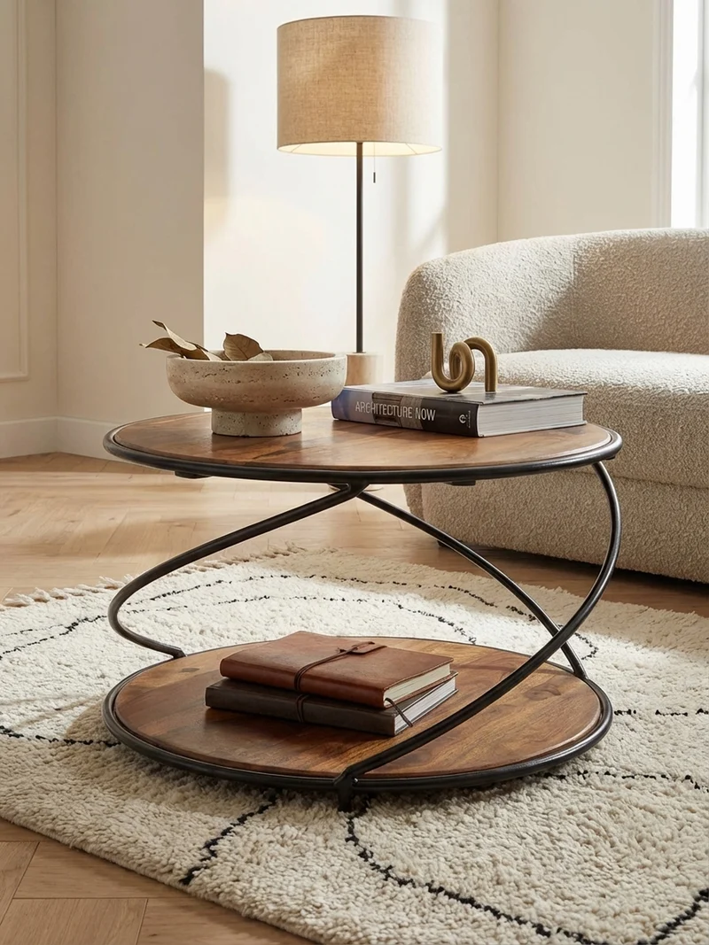 Couchtisch Schwarz/Braun, Sheesham Massivholz und Edelstahl, mit 2 Ablageflächen