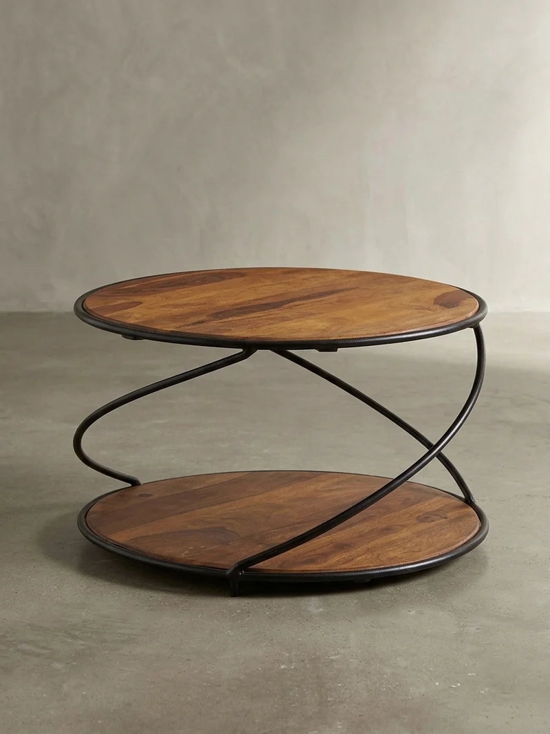 Couchtisch Schwarz/Braun, Sheesham Massivholz und Edelstahl, mit 2 Ablageflächen