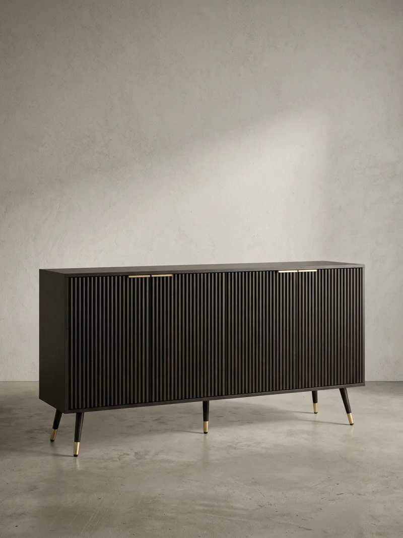 Sideboard – Schwarz/Eiche-Dekor, 150x81x39 cm, mit Türen, Metallbeine