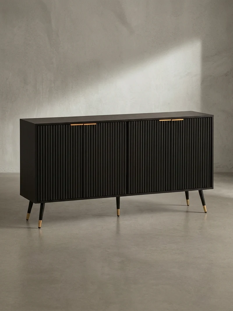 Sideboard – Schwarz/Eiche-Dekor, 150x81x39 cm, mit Türen, Metallbeine