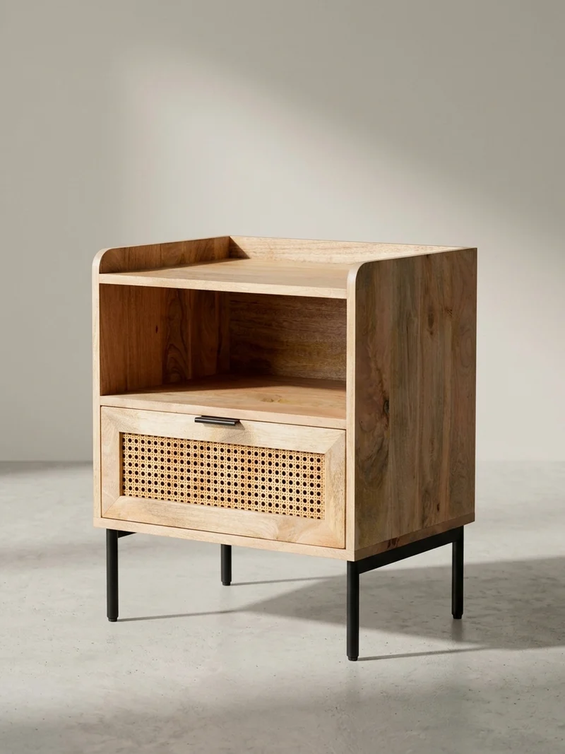 Nachttisch – Mango Massivholz/Rattan, 50x60x40 cm, 1 Schublade, Wiener Geflecht