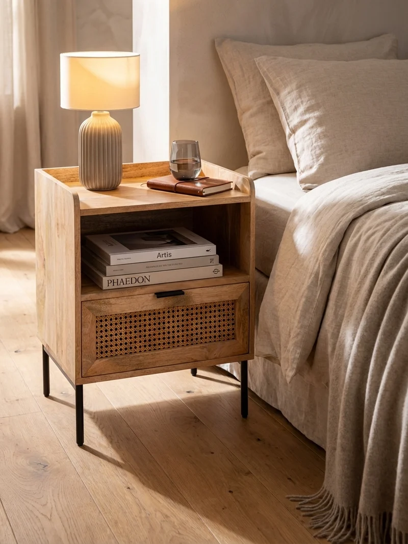 Nachttisch – Mango Massivholz/Rattan, 50x60x40 cm, 1 Schublade, Wiener Geflecht