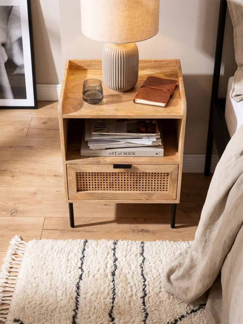 Nachttisch – Mango Massivholz/Rattan, 50x60x40 cm, 1 Schublade, Wiener Geflecht