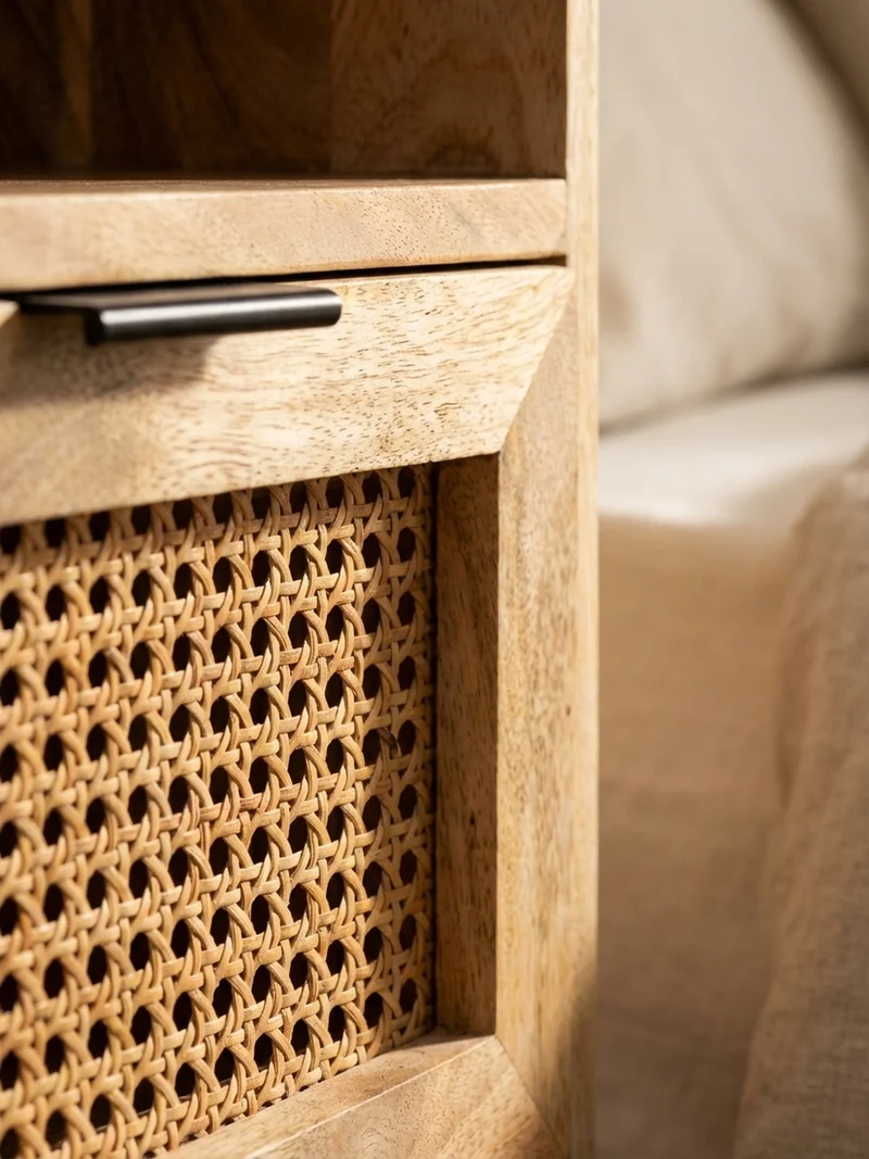 Nachttisch – Mango Massivholz/Rattan, 50x60x40 cm, 1 Schublade, Wiener Geflecht