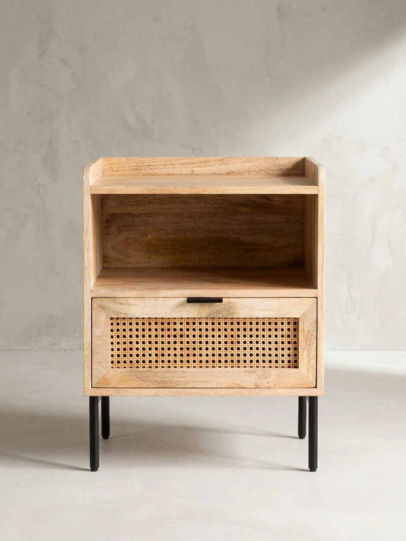 Nachttisch – Mango Massivholz/Rattan, 50x60x40 cm, 1 Schublade, Wiener Geflecht