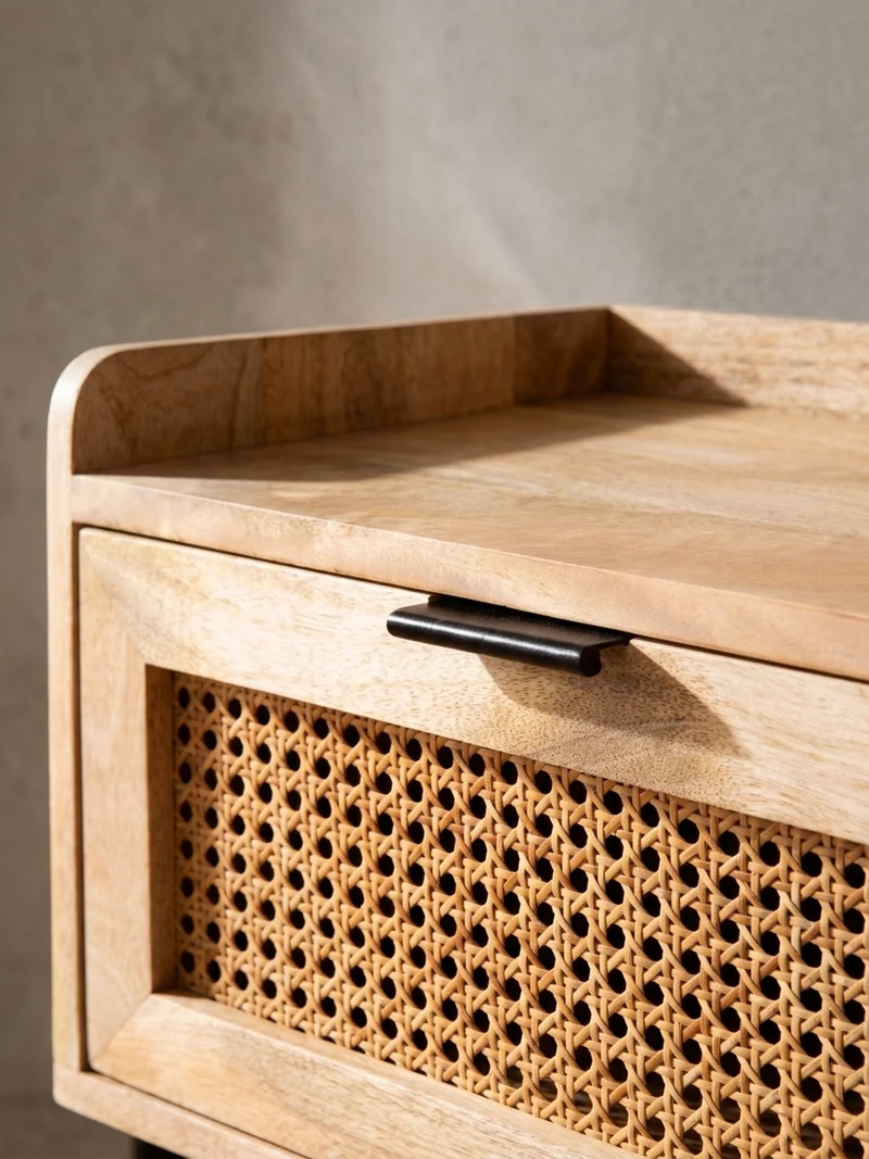 Nachttisch – Mango Massivholz/Rattan, 50x60x40 cm, 1 Schublade, Wiener Geflecht
