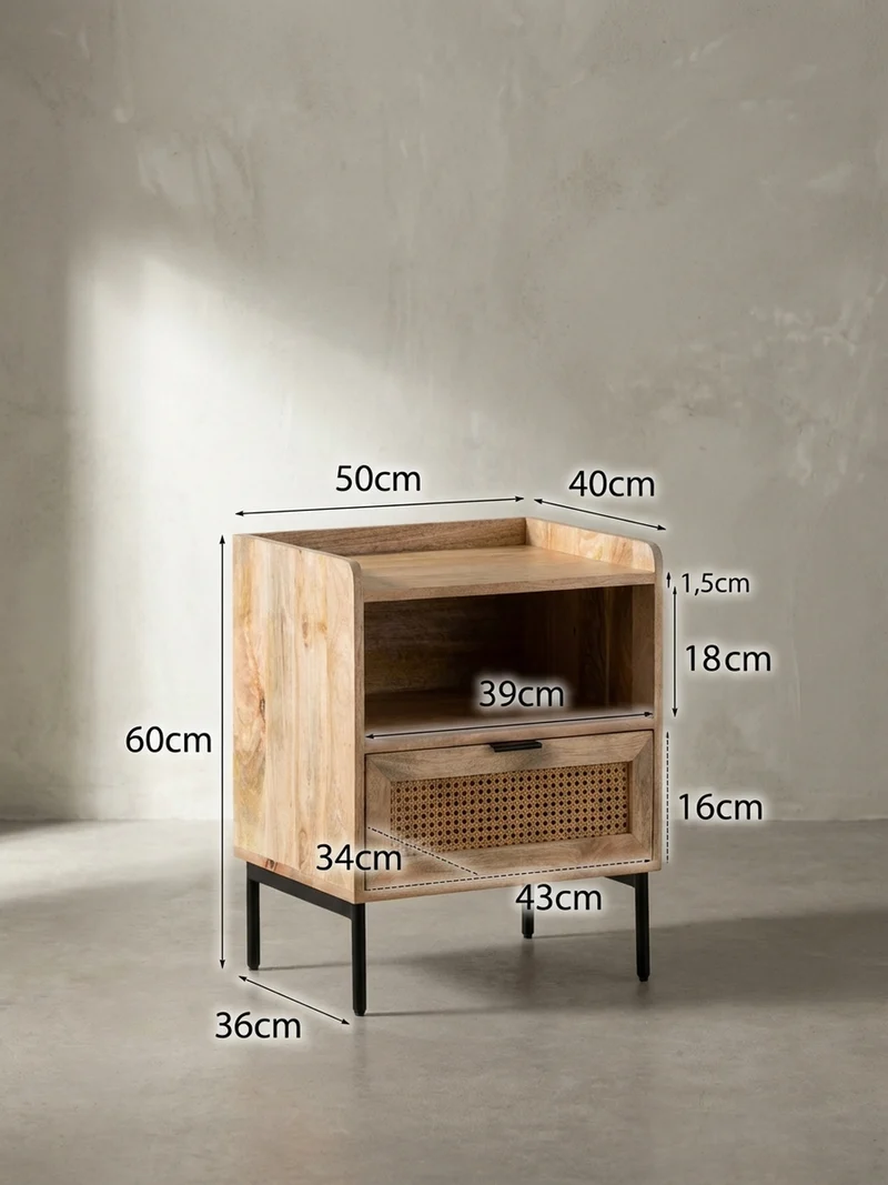 Nachttisch – Mango Massivholz/Rattan, 50x60x40 cm, 1 Schublade, Wiener Geflecht