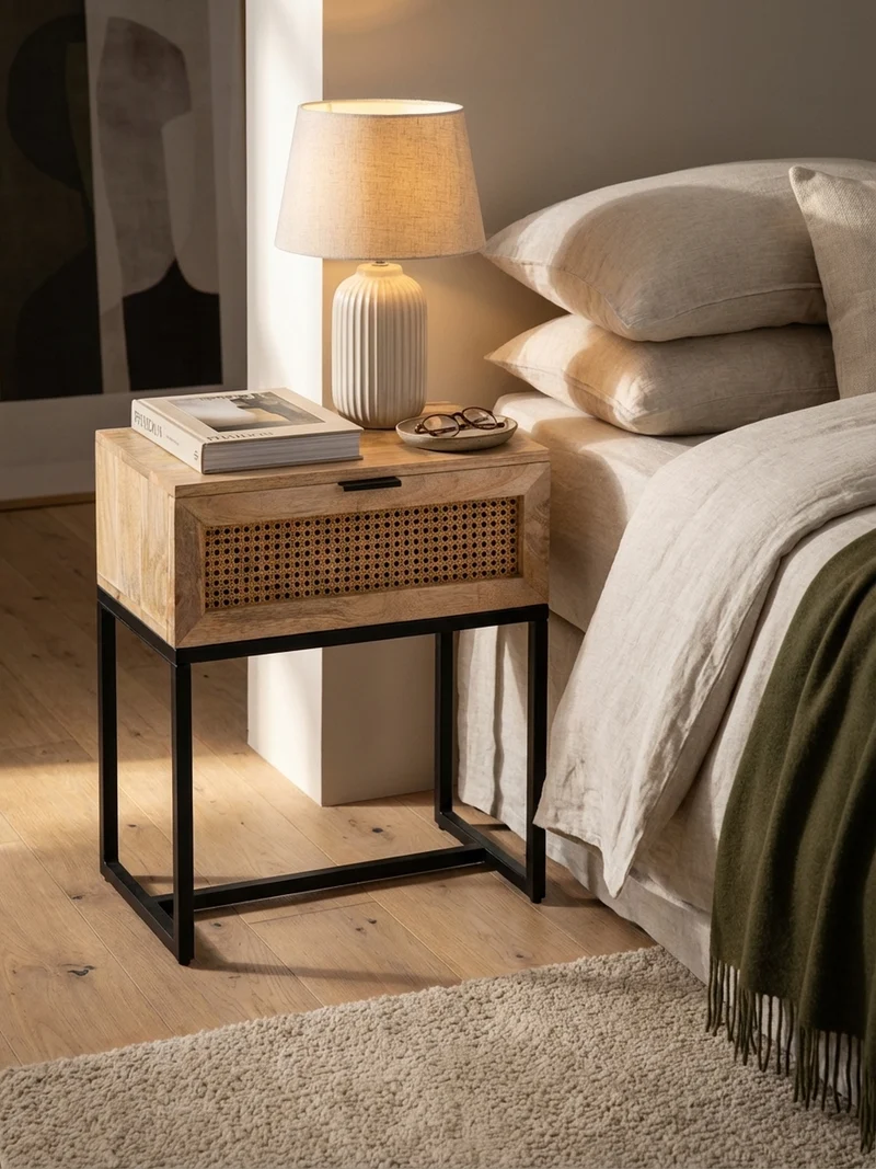 Nachttisch – Mango Massivholz/Rattan, 50x60x30 cm, 1 Schublade, Wiener Geflecht
