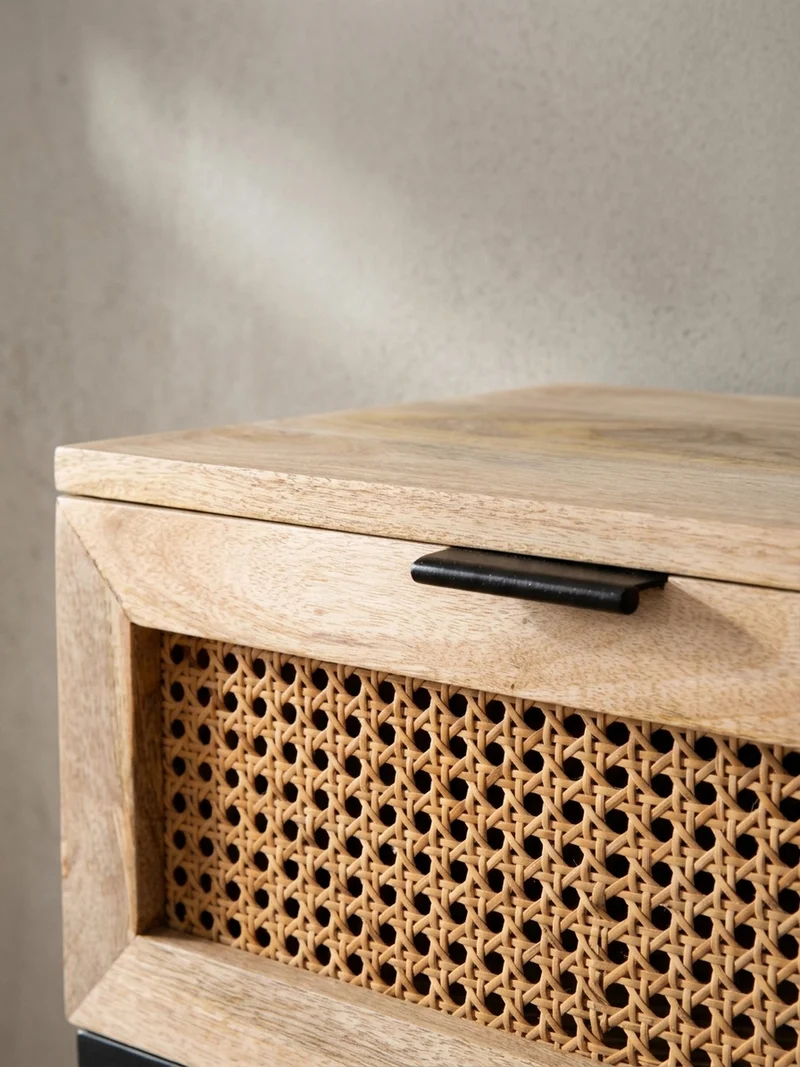 Nachttisch – Mango Massivholz/Rattan, 50x60x30 cm, 1 Schublade, Wiener Geflecht