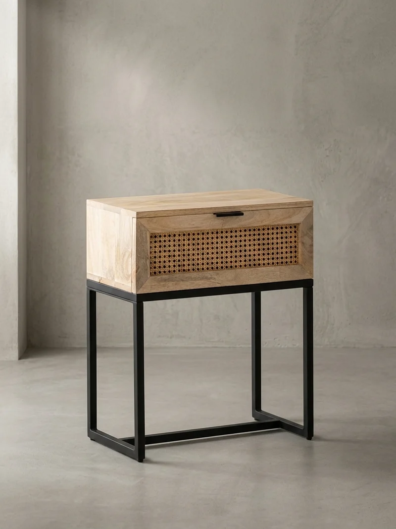Nachttisch – Mango Massivholz/Rattan, 50x60x30 cm, 1 Schublade, Wiener Geflecht