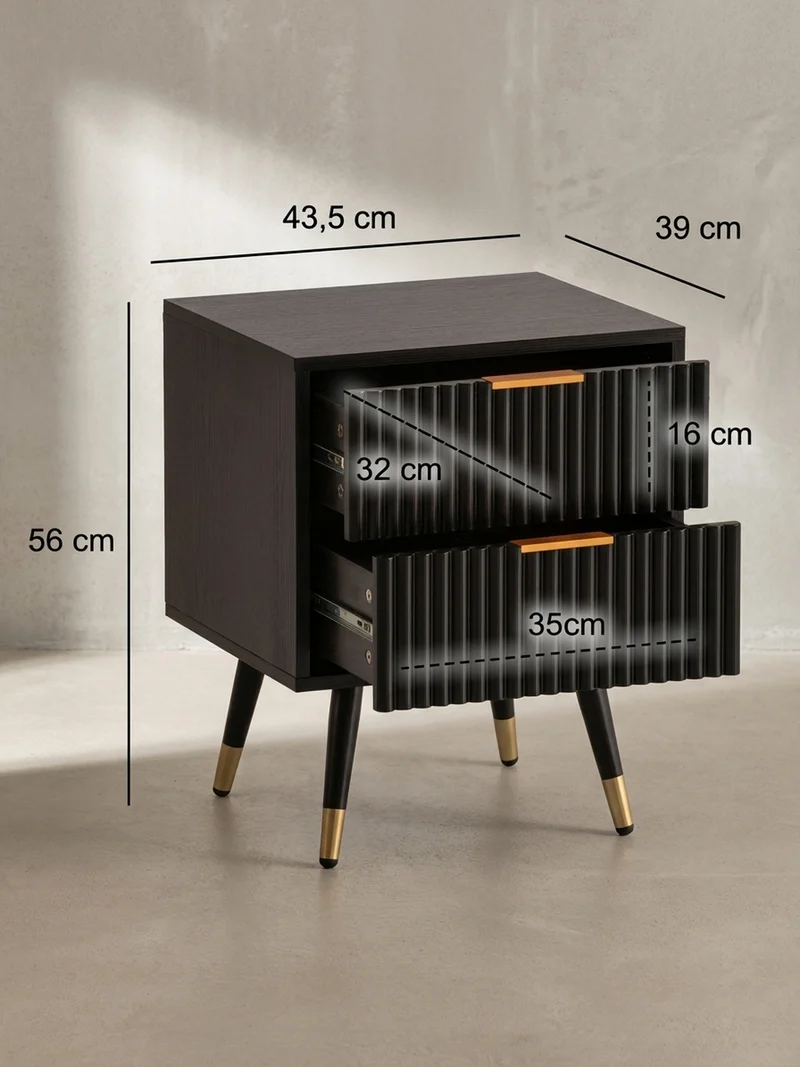 Nachttisch – Schwarz/Eiche-Dekor, 43,5x39x56 cm, mit Schubladen, modern