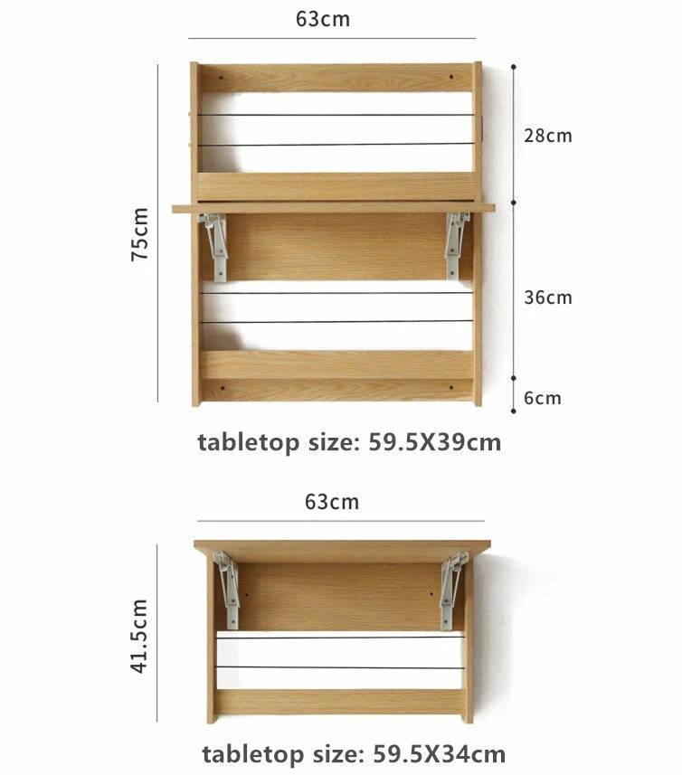 An der Wand befestigter faltbarer Schreibtisch mit Lagerregal