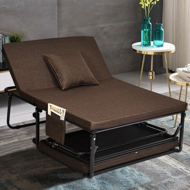 Tragbares faltbares Gästebett mit verstellbarer 6-Position und seitlicher Aufbewahrungstasche (Braun, 78" LX 35" W)