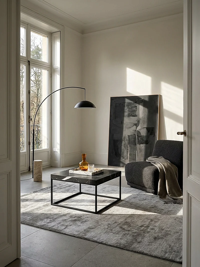 Couchtisch in Stein-Optik mit Metallbeinen im modernen Design