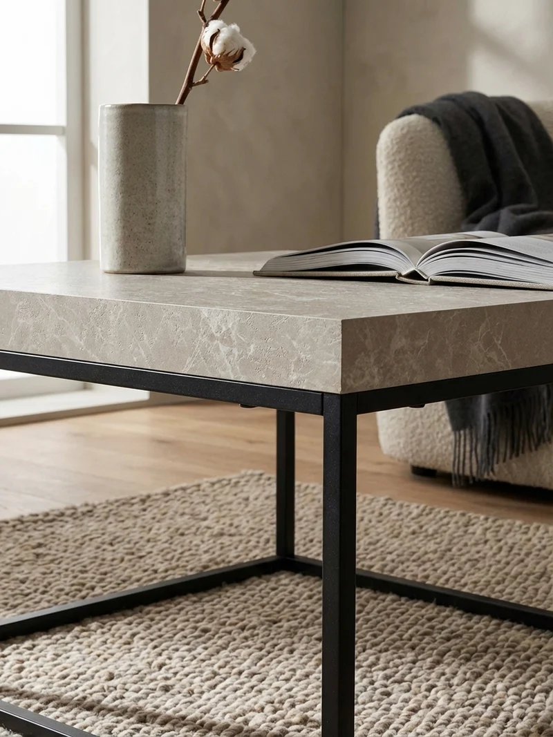 Couchtisch in Stein-Optik mit Metallbeinen im modernen Design