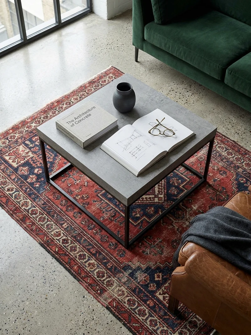 Couchtisch in Stein-Optik mit Metallbeinen im modernen Design