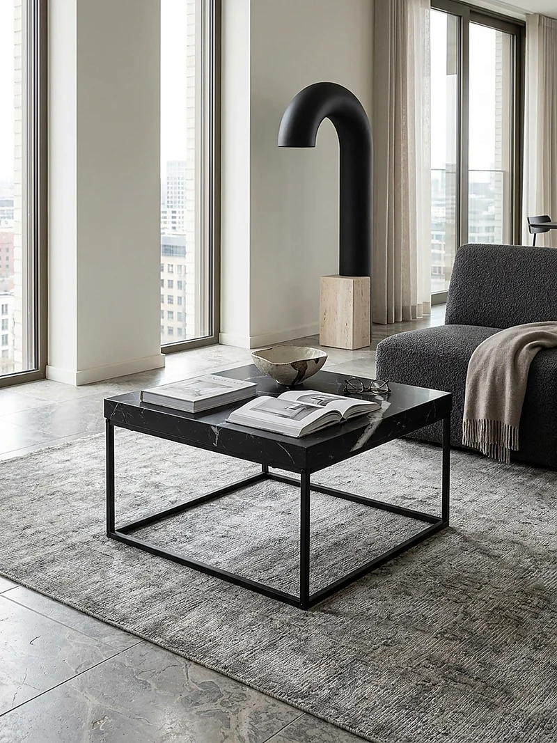 Couchtisch in Stein-Optik mit Metallbeinen im modernen Design