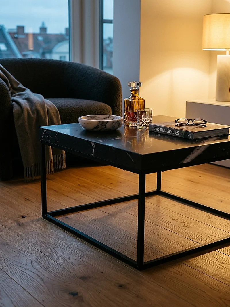 Couchtisch in Stein-Optik mit Metallbeinen im modernen Design