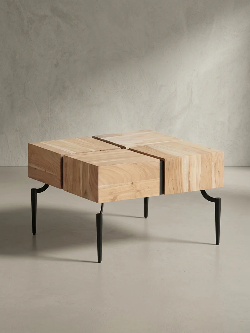 Couchtisch Massivholz Quadratisch Metallgestell Würfel-Form Modern