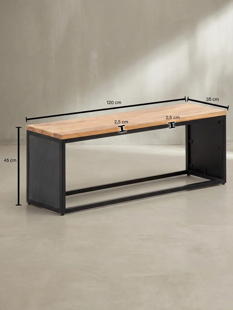 Sitzbank – Akazie Massivholz/Steinoptik, 120x45x35 cm, Metallgestell