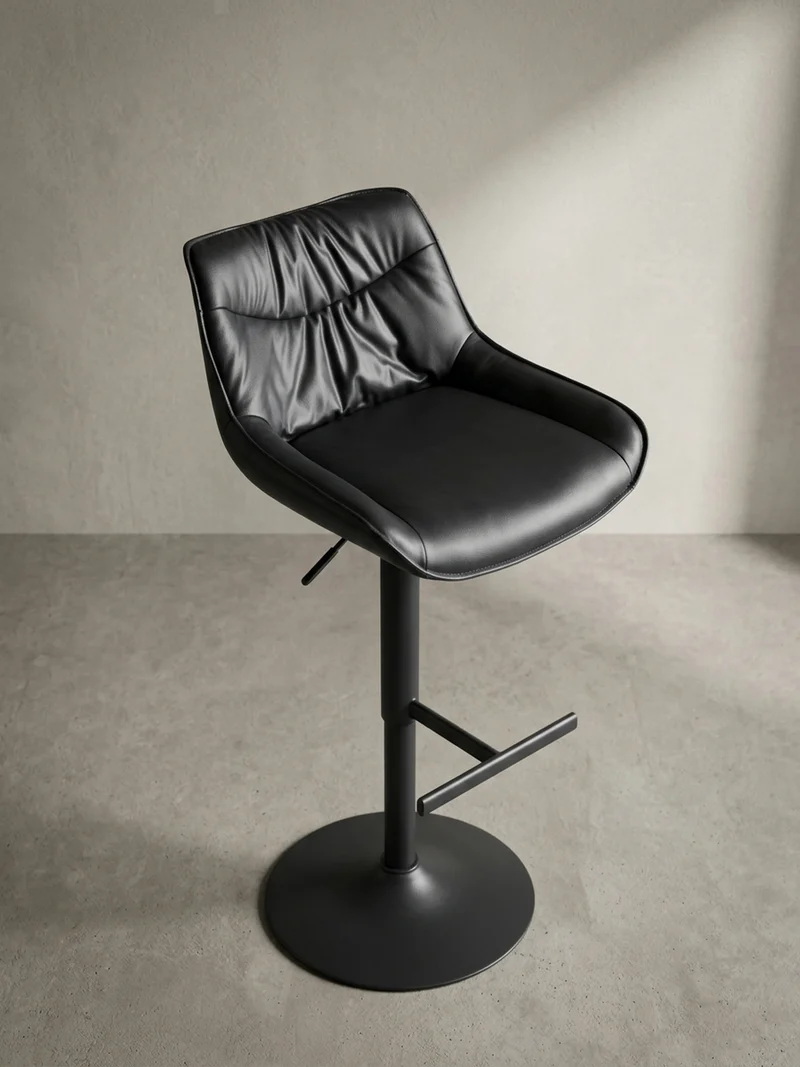 Barhocker – Kunstleder Schwarz, Rückenlehne, höhenverstellbar 86–106 cm, Trompetenfuß, 100 kg
