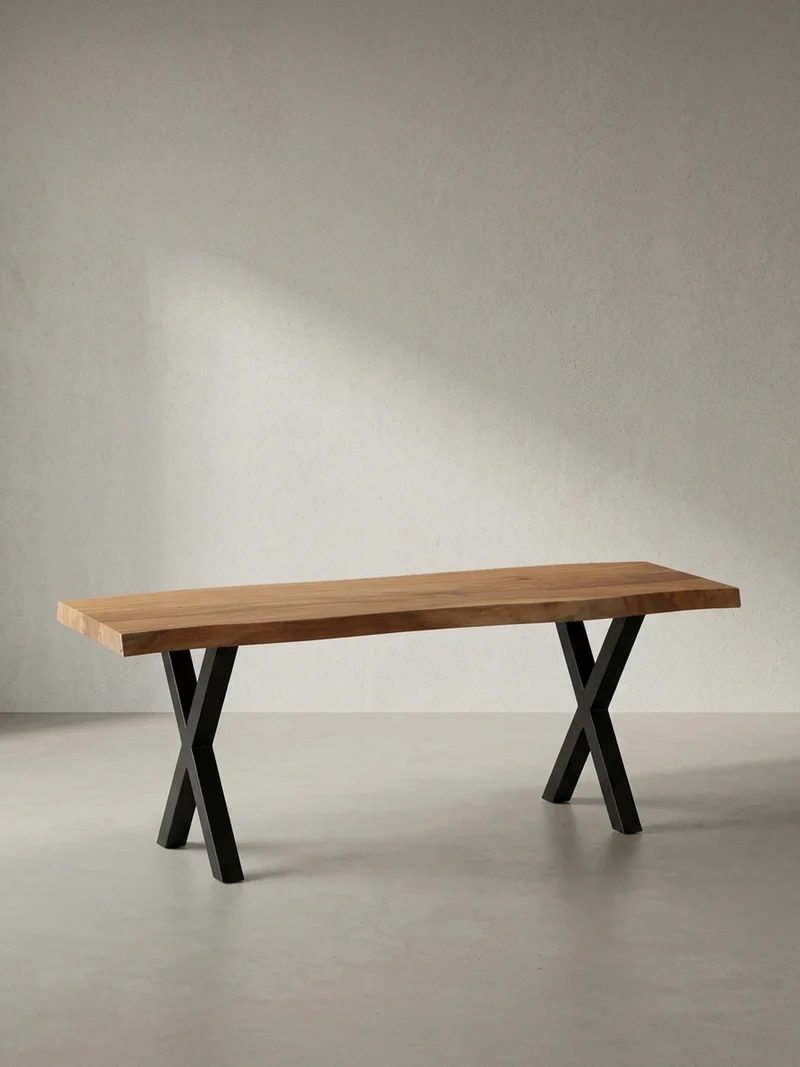 Sitzbank – Akazie/Massivholz/Metall, 120x40x45,5 cm, Baumkante, ohne Lehne